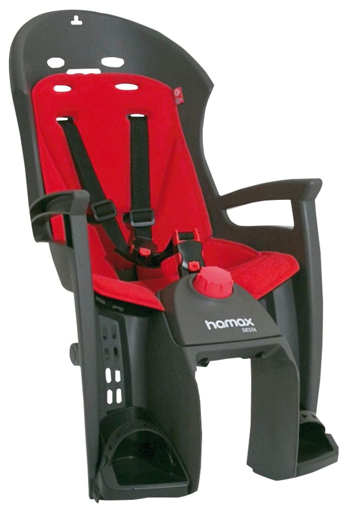 Hamax Kindersitz Siesta grau/rot für Gepäckträgermontage.